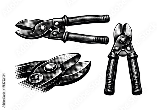 Sprue cutter A foundry sprue cutter illustrated as one object in three views showing blade shape, handle structure, and cutting edge detail with realistic