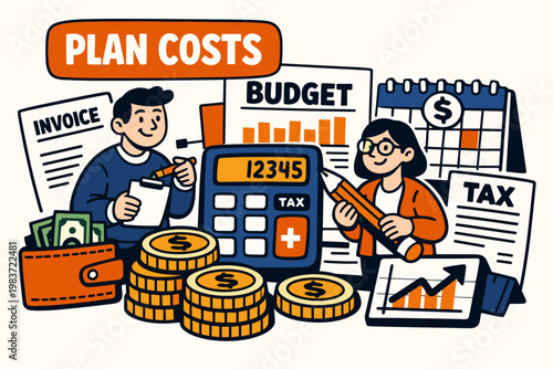 Budget Estimation Stories flat vector digital illustration, doodle flat, thick outline, expressive characters, simple shapes, playful proportions, exaggerated