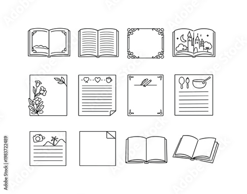 Decorative Book Pages. Minimalistic set one-line drawing vintage manuscript page, open novel with illustration frame, notebook with margin lines, page with