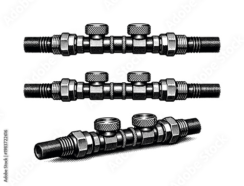 Oxy-acetylene hose connector assembly illustrated as the same object in top view, side view, and slightly rotated perspective with realistic proportions and
