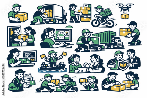 Delivery Logistics Series flat vector digital illustration, doodle flat, thick outline, expressive characters, simple shapes, playful proportions, exaggerated