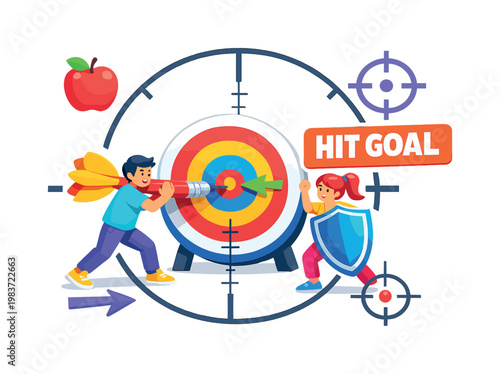 Target Aim Marks strategists focusing on an oversized bullseye and sight reticle across the full canvas, two stylized human characters interacting with giant