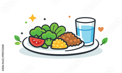 Nutritious meal planning features a compact scene with a food tray, simple ingredient icons, and a subtle checklist element, highlighting organized choices