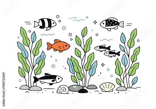 Coastal underwater habitat. A clean marine illustration with fish exploring a dense patch of kelp near the seabed, surrounded by bubbles and tiny abstract