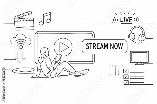 Streaming Media Services. Clean one-line drawing banner scene of a viewer using an oversized play screen and large smartphone, with movie clapper, music note,
