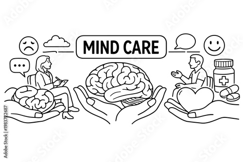 Mental Health Support. Clean outline banner scene of mental health care: therapist listening to patient across full canvas, oversized brain and heart-support
