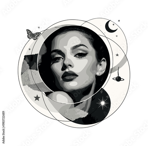vintage editorial portrait, overlapping circles linear accents abstract frames and small metaphorical symbols, black and white close-up face with dramatic