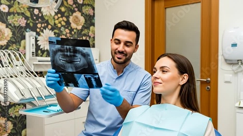 Dental Consultation: A dentist and patient collaborate in a modern dental office, examining an X-ray to gain insights for optimal oral health.