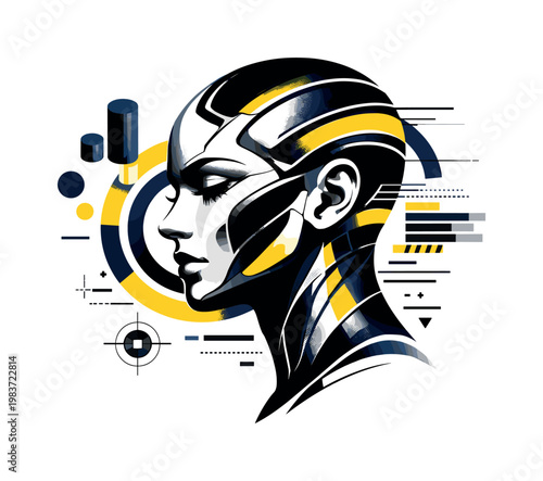 Futuristic human face profile, floating cylinders circles graphic bars and symbolic interface marks, black and white face with sleek biomechanical contours and