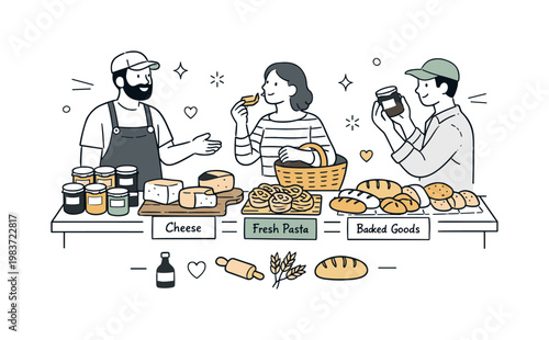 Artisan Food and Handmade Products. A vendor presenting jars, cheese, fresh pasta, and baked goods on a neat display, with customers exploring textures and