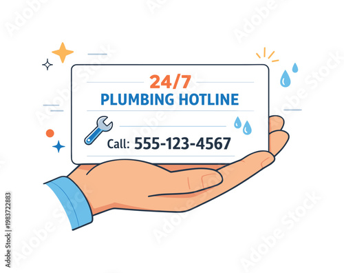 / plumbing hotline card. A clean contact card with a phone number, wrench icon, and tiny droplet symbols is presented clearly in a friendly hand. The