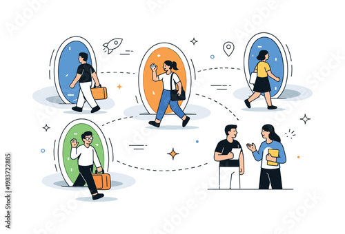 Smart mobility. Abstract city points connected with instant transfer paths while a character moves effortlessly between them, showing efficiency and