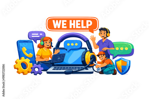 Technical Support Help Desk lively customer service scene with two support agents and one technician interacting with an oversized headset and giant laptop,