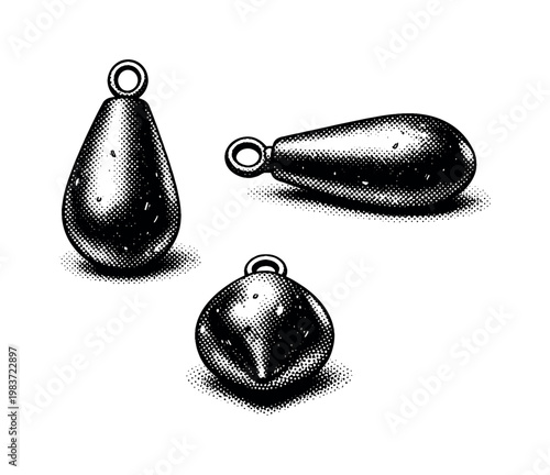 Fishing sinker A fishing sinker depicted as a single object in three variations of orientation showing weight shape, attachment loop, and surface texture with