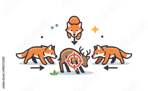 Cooperative hunting illustrating a focused animal group arranged around a shared target with simple directional movement and strong visual unity. The scene