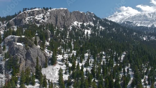 Aerial view shows snowy mountain slopes with sparse cedar forest and rocky ridges under clear sky. This winter landscape highlights open clearings evergreen trees rugged alpine terrain.