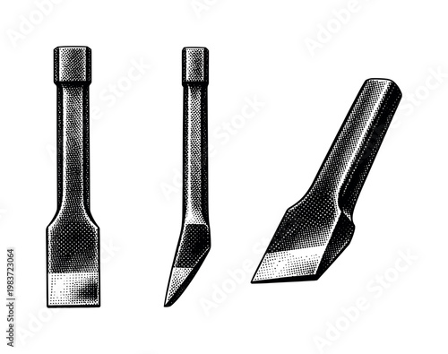 Forging tools hot cut chisel shown as the same blacksmith hot cut chisel in upright view, side view, and angled view, isolated with realistic proportions and a