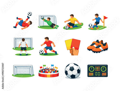 Soccer Action. Colorful flat vector icons set of Soccer Action: bicycle kick, goalkeeper save, sliding tackle, corner kick, penalty shot, dribbling move,