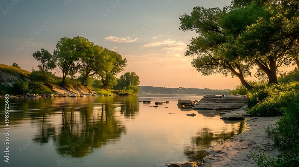 Fototapeta premium Riverbank with Lush Trees and Calm Water Reflecting Golden Sunset Light vegetation photo