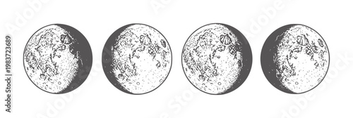Four moon phases in a row with craters and texture celestial astronomy space
