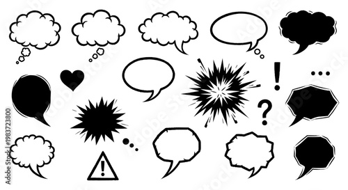 comic speech bubbles thought bubbles and diverse graphic elements set illustrating communication and emotion for creative projects.