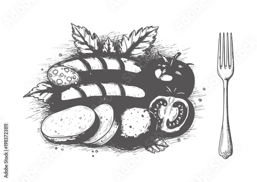 Hand drawn of sausages tomatoes and basil with fork food