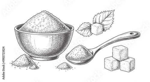 Hand drawn of sugar cubes bowl spoon and mint leaves