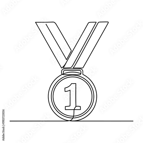 single line drawing of a gold medal with number one symbolizing victory