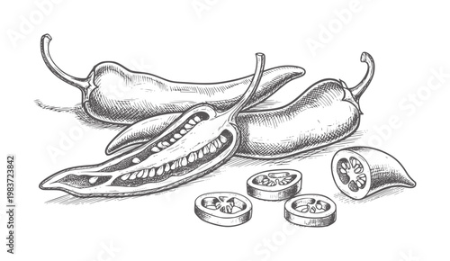Hand drawn of whole and sliced chili peppers food ingredient spice