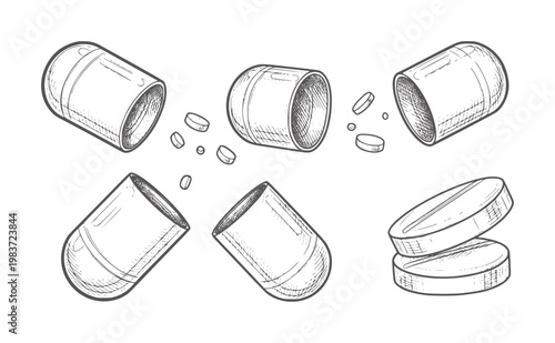 Hand drawn open capsule and scattered pills white medicine health pharmaceutical