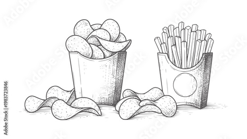 Hand drawn potato chips and french fries in paper containers potatoes food snack