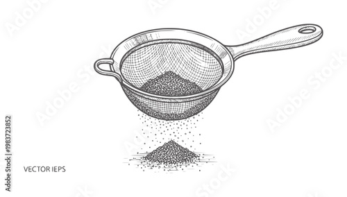 Hand drawn sieve sifting dark powder onto white granular