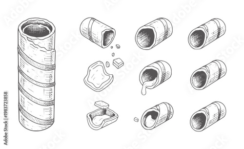 Hand drawn wafer rolls with filling and broken pieces biscuit cream
