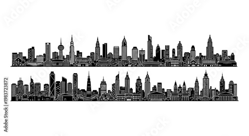 black and white city skyline silhouette modern skyscrapers and buildings urban panorama