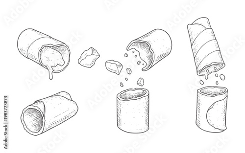 Hand drawn wafer rolls with filling and crumbs cream chocolate