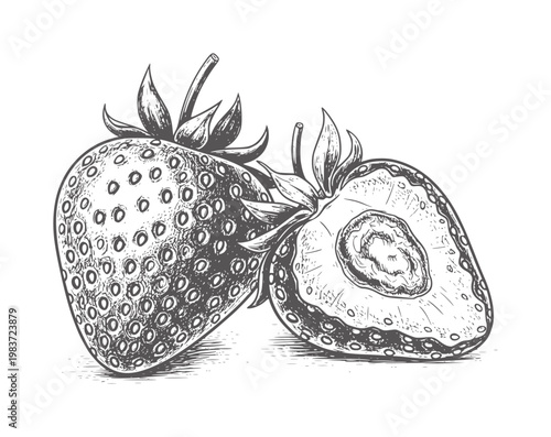 Monochrome engraving of a whole strawberry and a halved strawberry fruit food