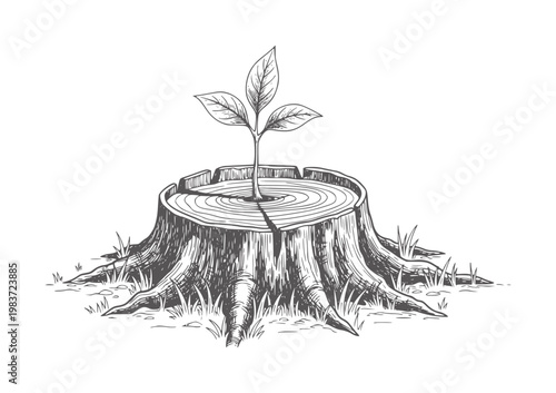 New growth sprouting from a cracked tree stump in a style