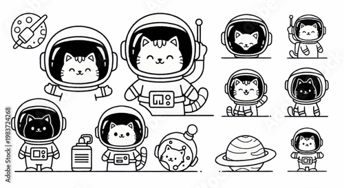 Adorable cartoon cats in astronaut suits exploring space as cute cosmic adventurers.
