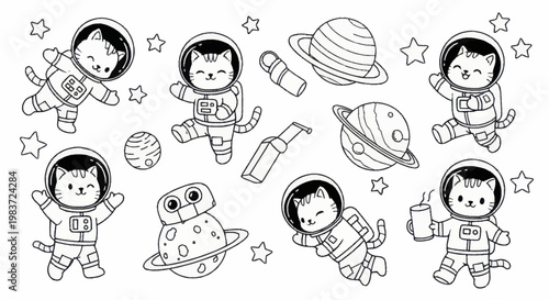Adorable Astronaut Cats Exploring Space with Planets and Stars.