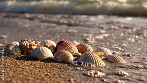 Seashells scattered on a wet sandy beach with a gentle ocean wave washing ashore under warm light. Summer vacation aesthetic video.
