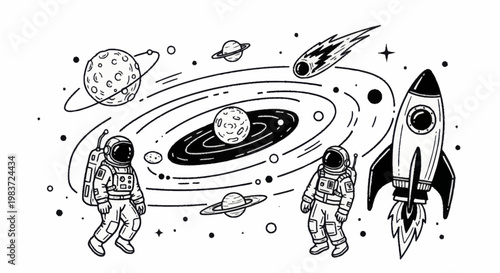 Astronauts and Rocket in Space with Planets and Galaxy.