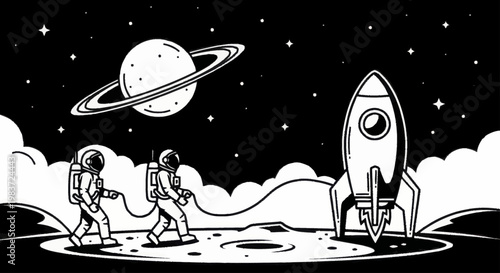 Astronauts exploring a celestial body with a rocket and planet in the background.