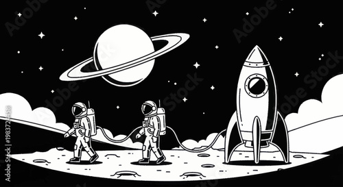 Astronauts exploring a new planet with a rocket and Saturn in the distance.