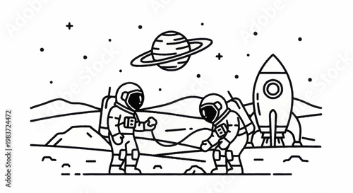 Astronauts exploring a new planet with a rocket in the background.