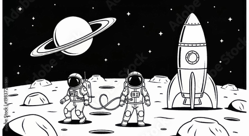 Astronauts exploring a new planet with a rocket ship.