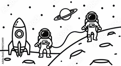 Astronauts exploring the moon with a rocket and planet in a doodle style.