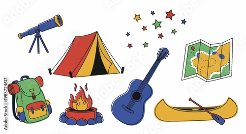 Camping Adventure Gear Collection with Tent Backpack Guitar and Canoe.