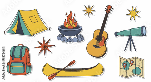 Camping and outdoor adventure gear collection with tent and campfire.