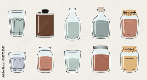 Collection of Glass Bottles and Jars with Liquids.
