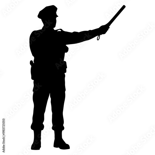 Silhouette of a police officer directing traffic with a baton.